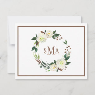Carte De Correspondance Aquarelle blanche couronne florale Élégant Monogra