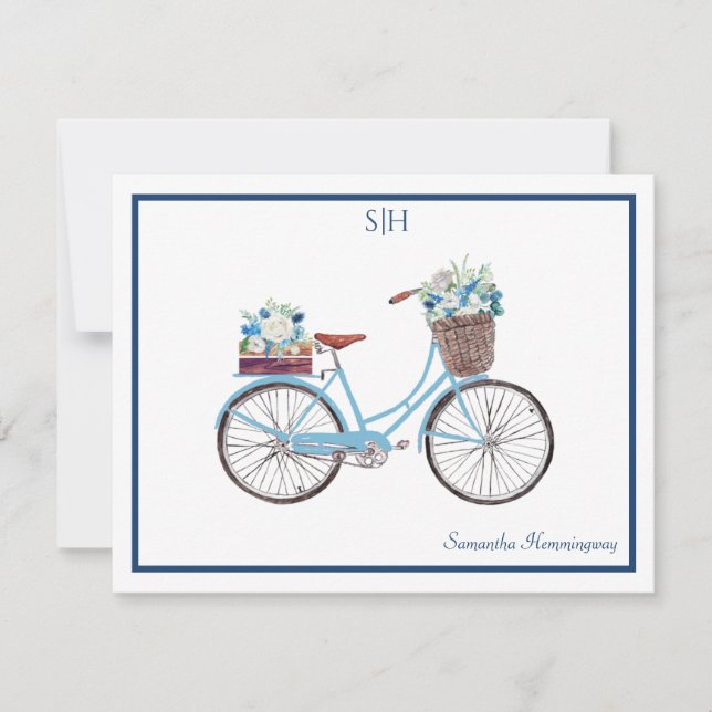 Carte De Correspondance Aquarelle Bleu Blanc Floral Bicyclette Nom (Devant)