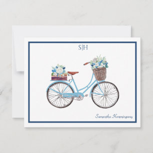 Carte De Correspondance Aquarelle Bleu Blanc Floral Bicyclette Nom
