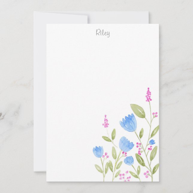 Carte De Correspondance Aquarelle 'Blue Flowers and Pink Berries' (Devant)