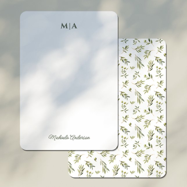 Carte De Correspondance Aquarelle Botanique Olives Vertes Monogramme & Nom (Créateur téléchargé)
