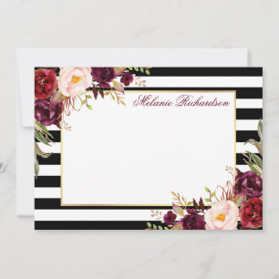 Carte De Correspondance Aquarelle Bourgogne Floral rayé Élégant