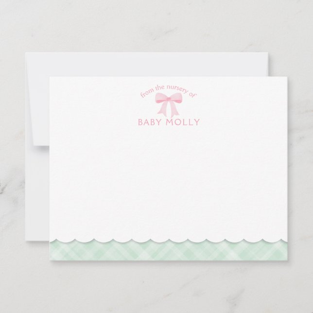 Carte De Correspondance Aquarelle Bow Preppy Pink Mint Plaid Nouveau bébé (Devant)