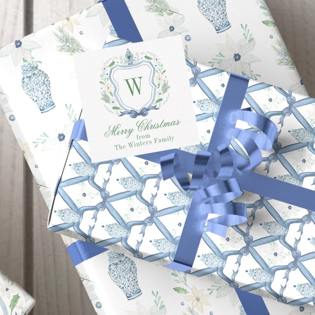 Carte De Correspondance Aquarelle Chinoiserie Ginger Jar Monogram Crest (Watercolor Chinoiserie Ginger Jar Christmas Monogram Crest Gift Enclosure Cards)