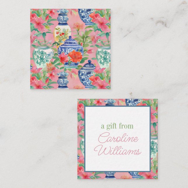 Carte De Correspondance Aquarelle Chinoiserie Ginger Jars & Fleurs Cadeau (Devant / Derrière)