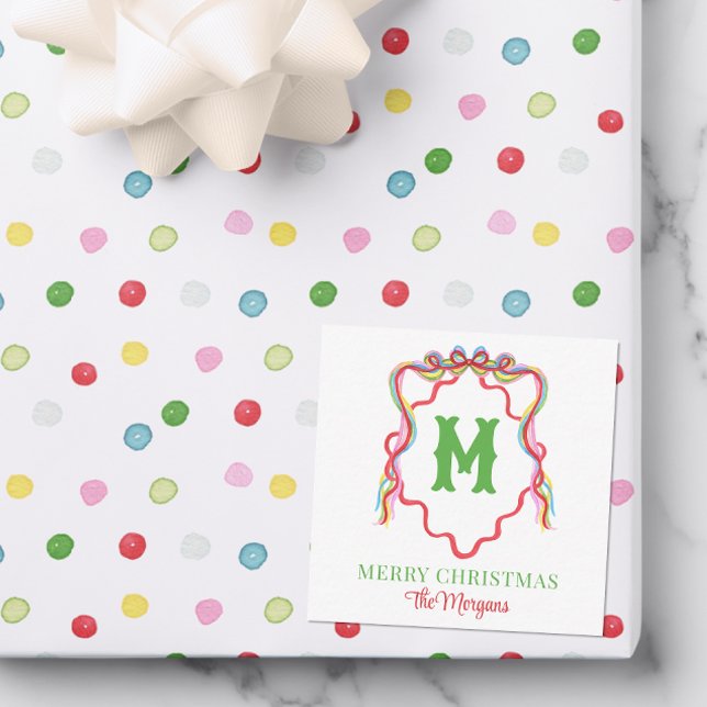 Carte De Correspondance Aquarelle Confetti Noël Bow Monogram Crest (Créateur téléchargé)