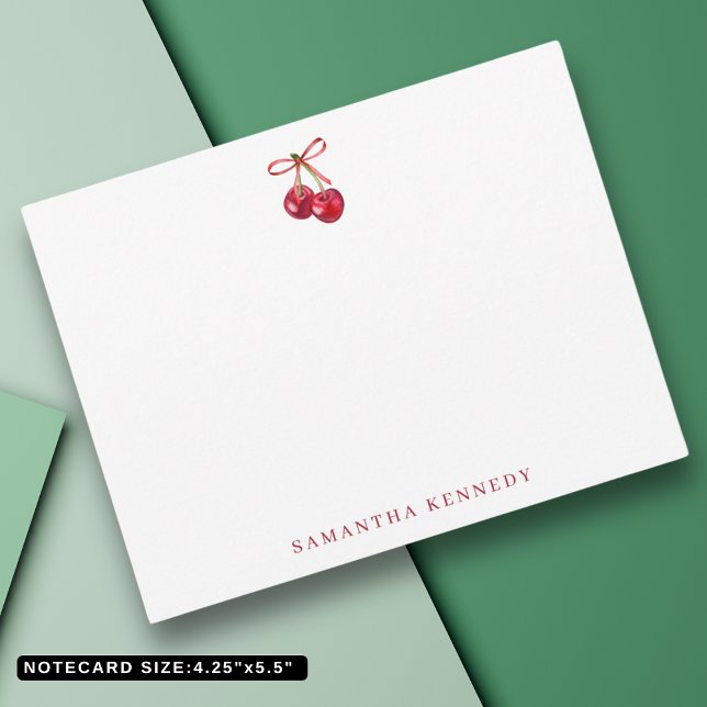 Carte De Correspondance Aquarelle Coquette Bow Et Cerises Personnalisé (Watercolor Coquette Bow And Cherries Personalized Note Card
)