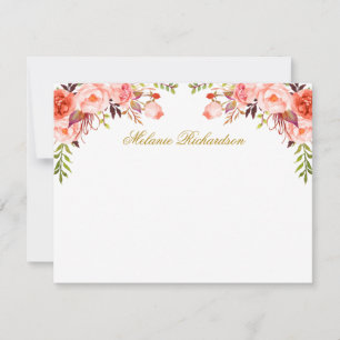 Carte De Correspondance Aquarelle Corail Floral Or personnalisé