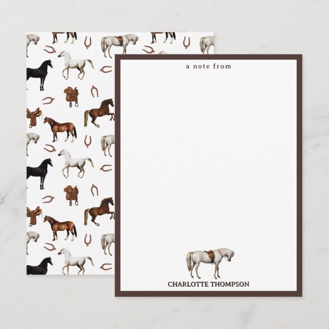 Carte De Correspondance Aquarelle de chevaux Fer à cheval Selles pour enfa (Devant / Derrière)