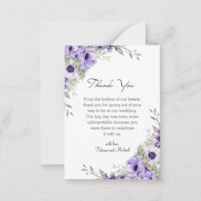 Carte De Correspondance aquarelle fleurie violet mariage merci (Devant)