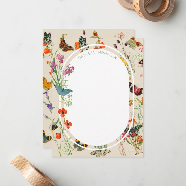 Carte De Correspondance Aquarelle Fleurs sauvages & papillons Jardin Flora (Devant/Arrière en situation)