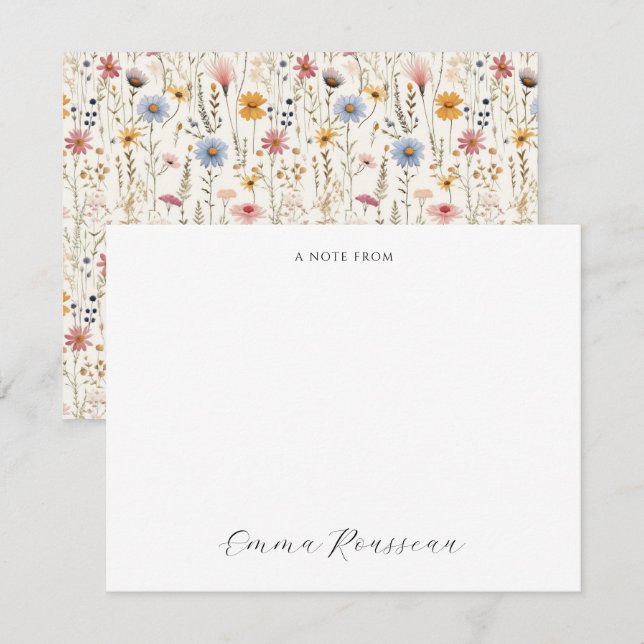 Carte De Correspondance Aquarelle Fleurs Sauvages Rose Bleu Écriture Note  (Devant / Derrière)