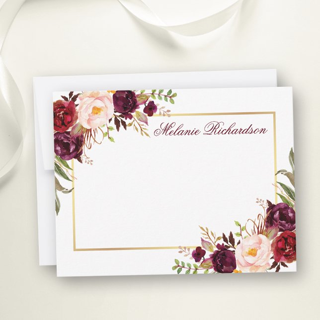 Carte De Correspondance Aquarelle Floral Bourgogne Gold Frame Personnalisé (Customize to change text size, color, style or to add more text to front or back of card.)
