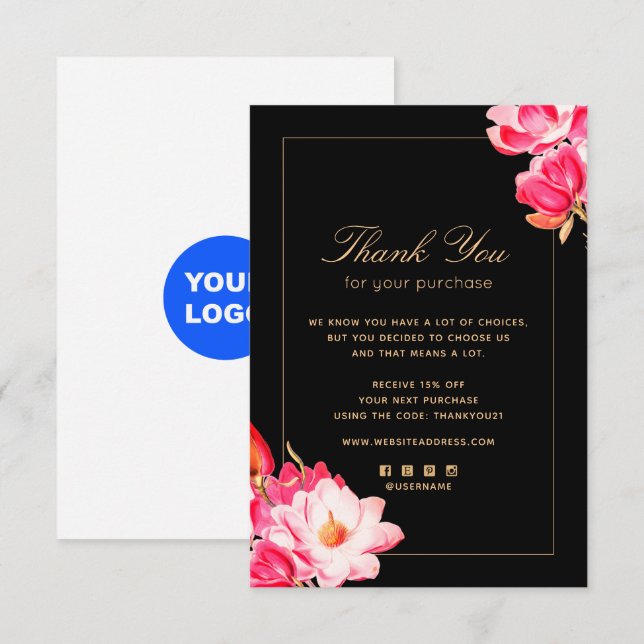 Carte De Correspondance Aquarelle Floral Merci noir (Devant / Derrière)