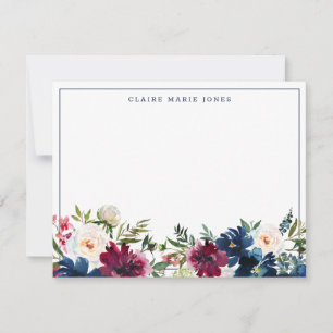 Carte De Correspondance Aquarelle florale Bleu Bourgogne de la marine Bord