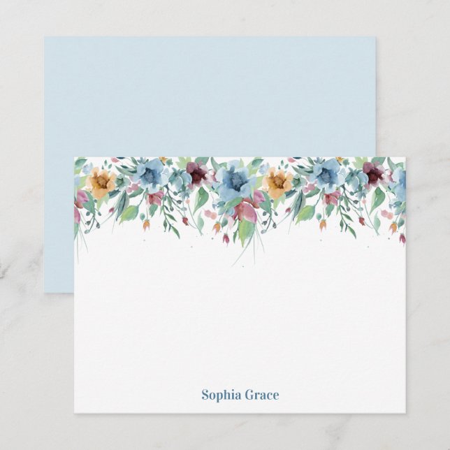 Carte De Correspondance Aquarelle florale bleue personnalisée (Devant / Derrière)