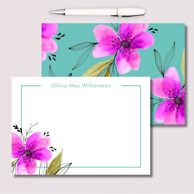 Carte De Correspondance Aquarelle florale rose (Pink floral notecard. Add your own name to create for personalized stationery and thank you notes.)
