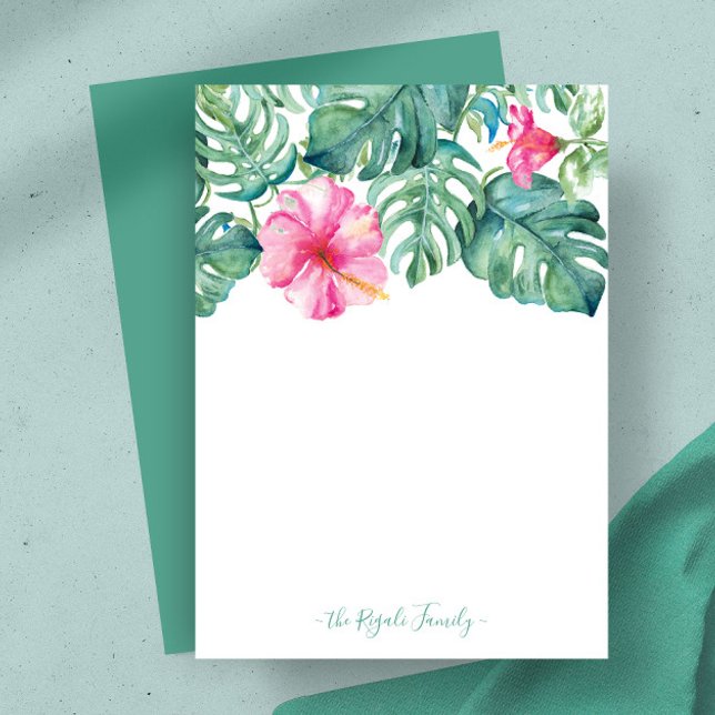 Carte De Correspondance Aquarelle Hibiscus papier à lettres personnalisé (Pink hibiscus flower and monstera palm leaves notecard watercolor art by Victoria Grigaliunas)