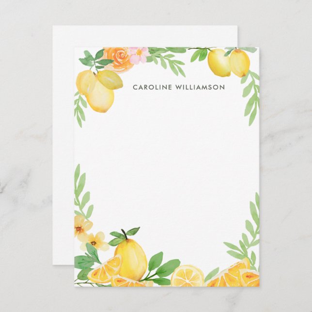 Carte De Correspondance Aquarelle Lemon Floral Papier à lettres personnali (Devant / Derrière)