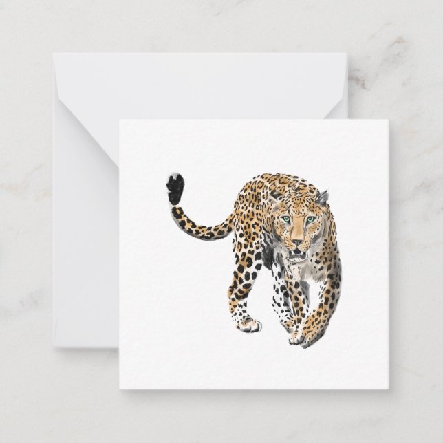 Carte De Correspondance aquarelle léopard jungle chat animal peint vert (Devant)