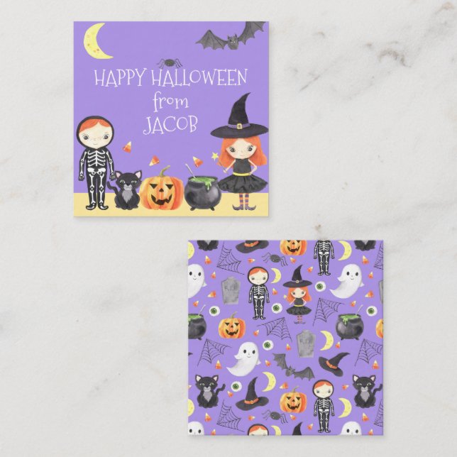 Carte De Correspondance Aquarelle mignonne Costume Halloween Enfants Cadea (Devant / Derrière)