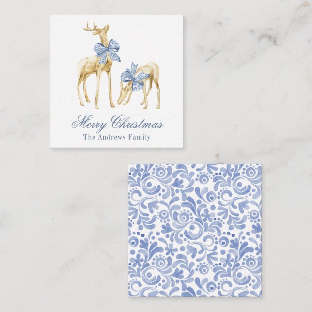 Carte De Correspondance Aquarelle Noël bleu Chinoiserie Bow Reindeer (Devant / Derrière)