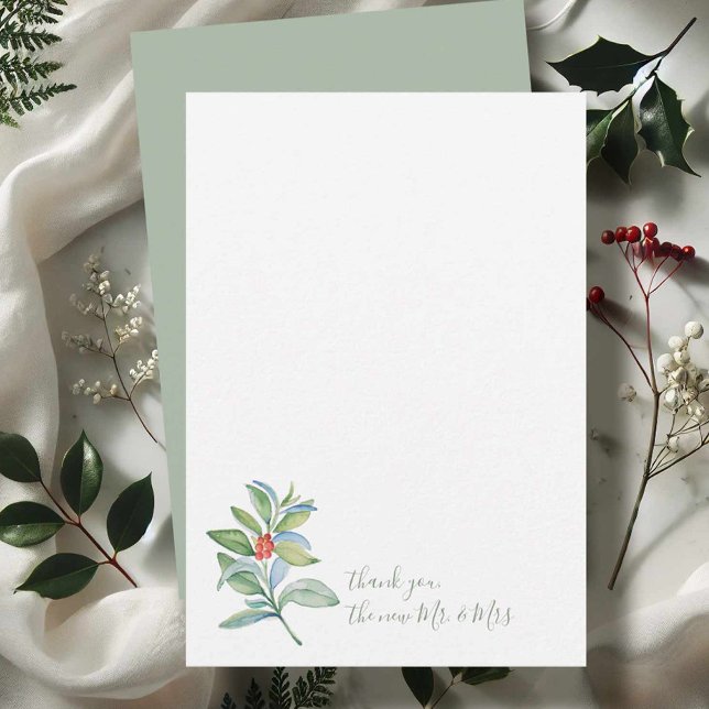 Carte De Correspondance Aquarelle Noël Houx et Baies Merci (Christmas thank you card watercolor botanical art by Victoria Grigaliunas of Do Tell A Belle)