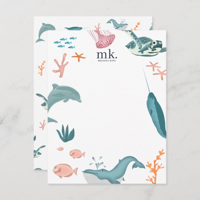 Carte De Correspondance Aquarelle Océan Animaux de mer Monogramme (Devant / Derrière)