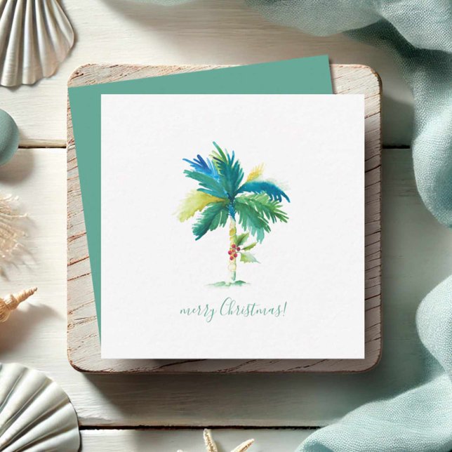 Carte De Correspondance Aquarelle Palm Tree Tropical Mini Noël (Mini Florida Christmas cards watercolor palm tree art by Victoria Grigaliunas Do Tell A Belle)