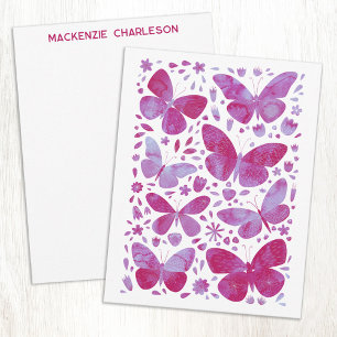 Carte De Correspondance Aquarelle Papillon Rose Personnalisée