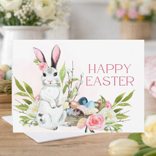 Carte De Correspondance Aquarelle Pastel Rose Roses Bunny Joyeux Pâques
