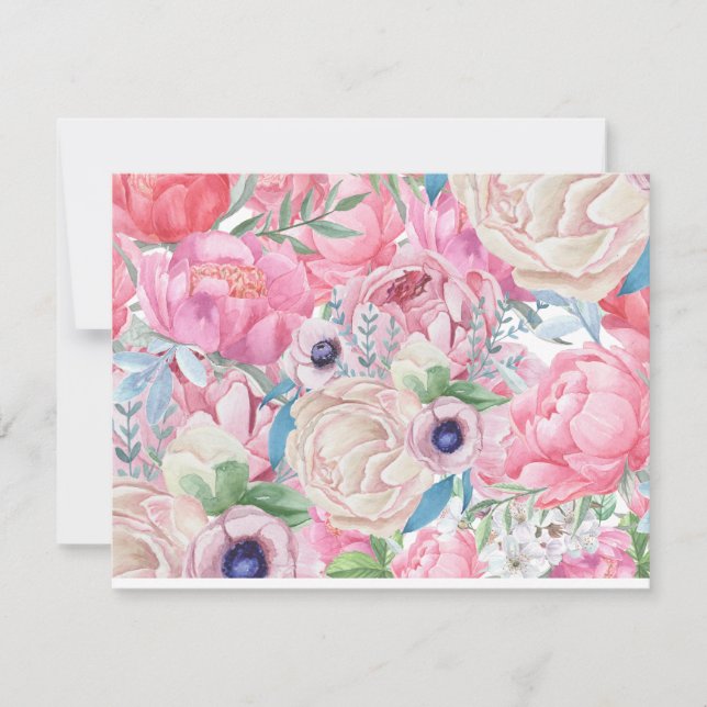 Carte De Correspondance Aquarelle Peonys rose et bleu printemps été (Devant)