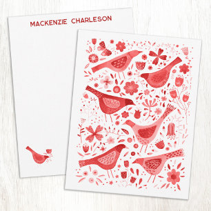 Carte De Correspondance Aquarelle personnalisée rouge d'oiseau et de fleur