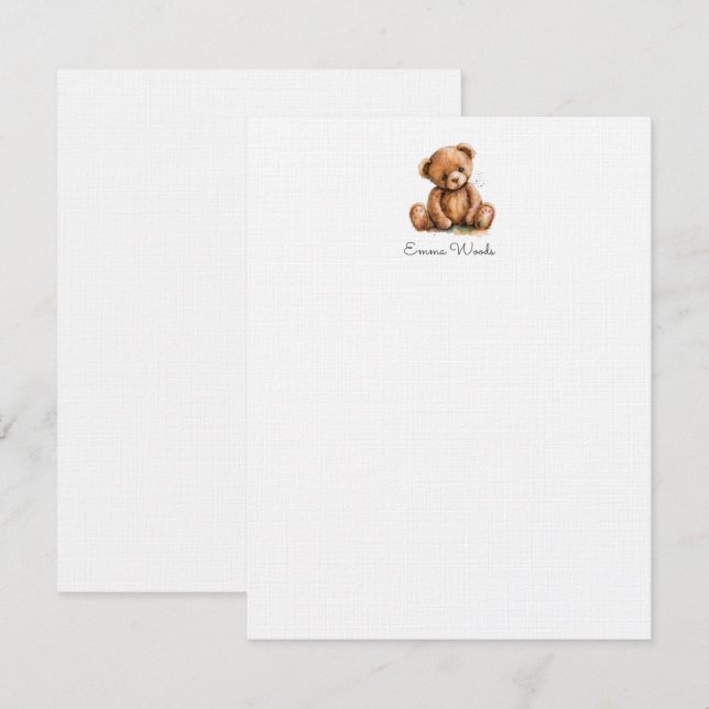 Carte De Correspondance Aquarelle Petit Ours En Teddy Personnalisé (Devant / Derrière)