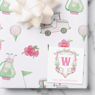 Carte De Correspondance Aquarelle Pink & Green Golf Panier Monogram Crest