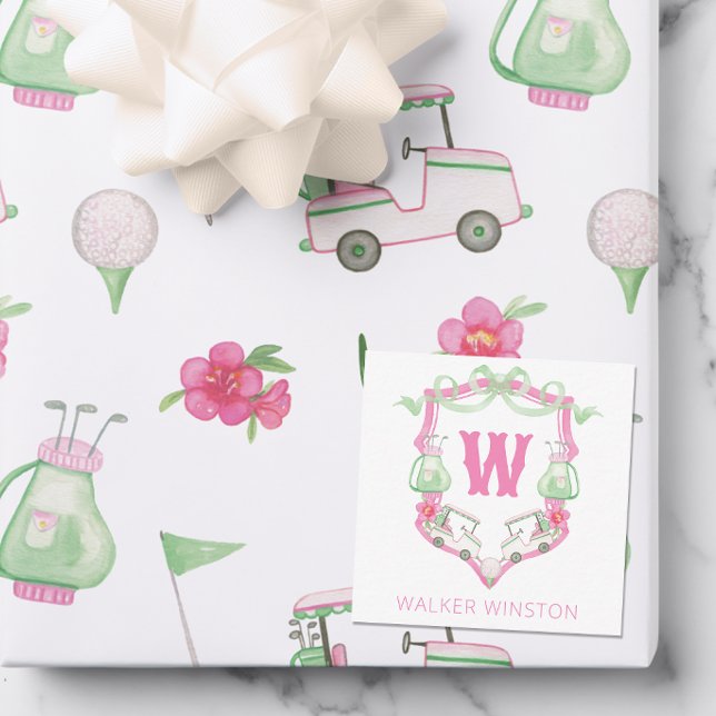 Carte De Correspondance Aquarelle Pink & Green Golf Panier Monogram Crest (Créateur téléchargé)