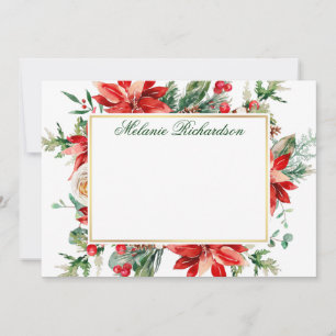 Carte De Correspondance Aquarelle Poinsettia Rouge Floral Vert Doré