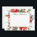 Carte De Correspondance Aquarelle Poinsettia Rouge Floral Vert feuillage O<br><div class="desc">Élégante Carte de Note Personnalisée avec Cadre Doré Aquarelle Poinsettia Floral comprend des poinsettias rouges,  des feuilles d'eucalyptus,  des pommes de pin,  des aiguilles de pin,  du coton,  des baies de houx et d'autres feuillages botaniques d'hiver magnifiques.  Écriture verte.</div>