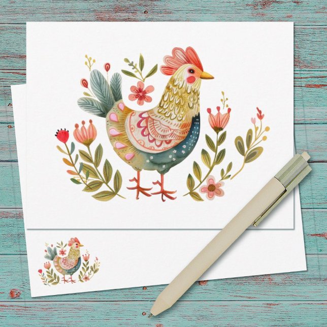 Carte De Correspondance Aquarelle Poulet Folk Papier à lettres (A pretty farmhouse watercolor folk art chicken notecard)