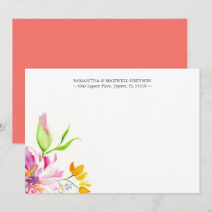 Carte De Correspondance Aquarelle rose et orange Floral Merci note