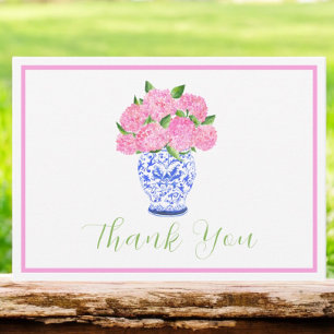 Carte De Correspondance Aquarelle rose Hydrangea Chinoiserie Script Merci