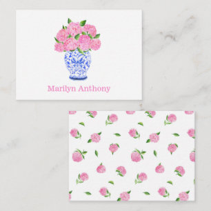 Carte De Correspondance Aquarelle rose Hydrangée Chinoiserie Nom