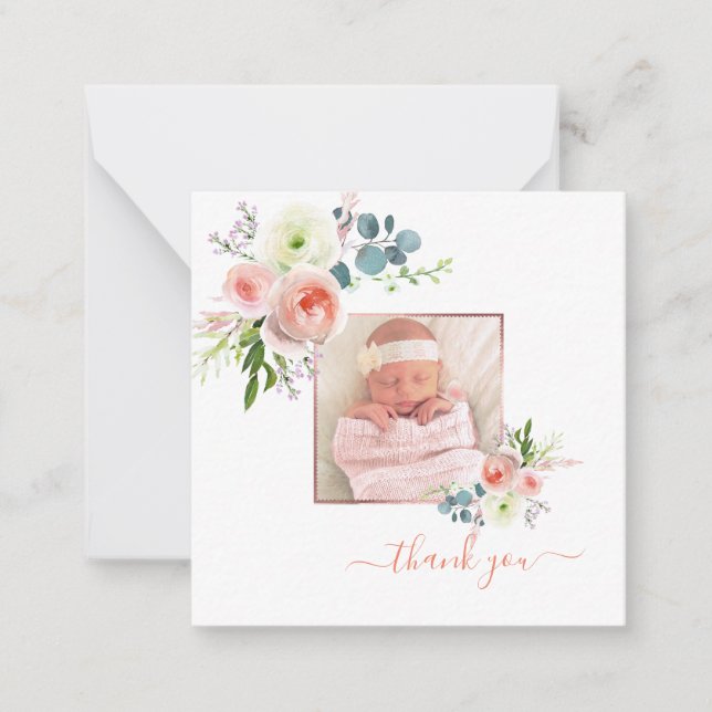 Carte De Correspondance Aquarelle rose pâle Peonies Merci bébé (Devant)