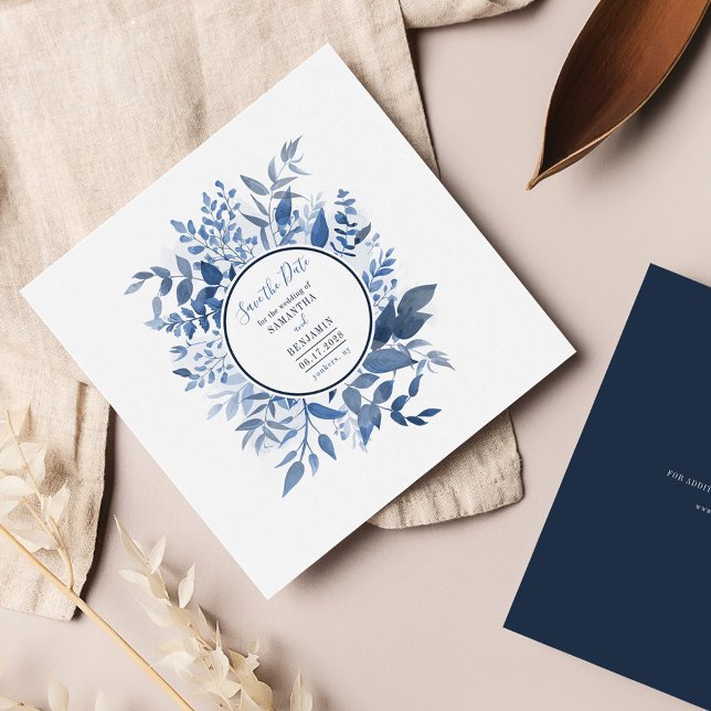 Carte De Correspondance Aquarelle Script Foliage Marine Bleu Enregistrer l (Dusty Blue Floral Script Wedding Save the Date Square Card)
