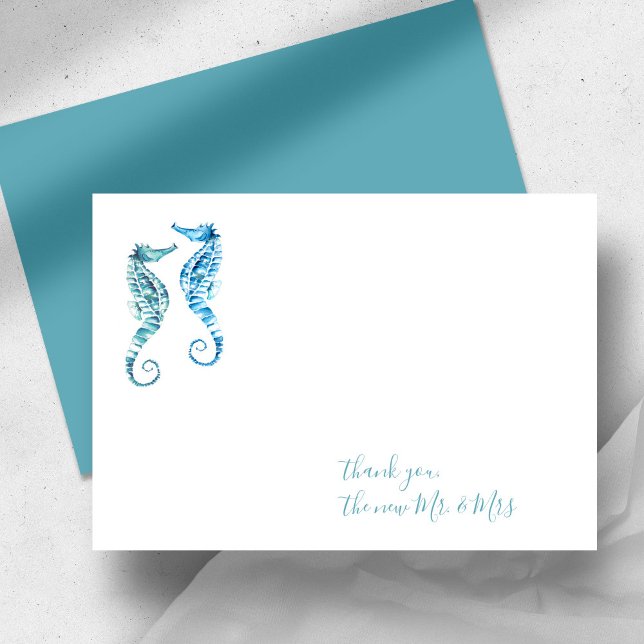 Carte De Correspondance Aquarelle Seahorse Merci papeterie (Beach wedding thank you cards watercolor seahorse art by Victoria Grigaliunas of Do Tell A Belle)