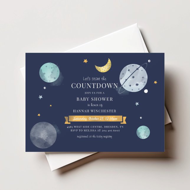 Carte De Correspondance Aquarelle spatiale Baby shower de galaxie (Outer Space Navy Blue Mini Baby Shower Invitation)