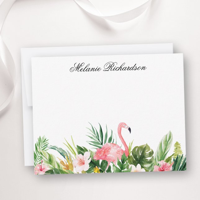 Carte De Correspondance Aquarelle Tropical Floral Flamant rose rose (Customize to change text color,  text style or to add more text to back of card.)