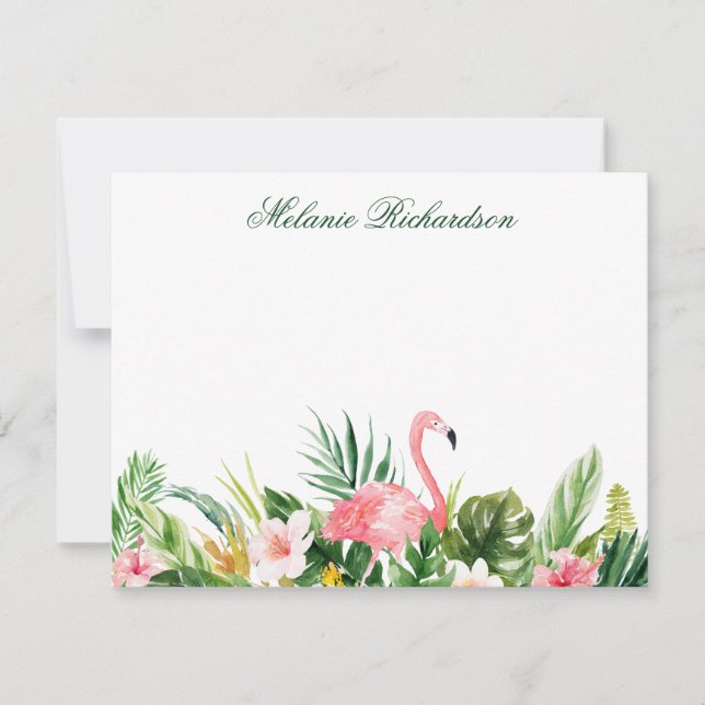 Carte De Correspondance Aquarelle Tropical Floral Flamant rose rose Vert (Devant)