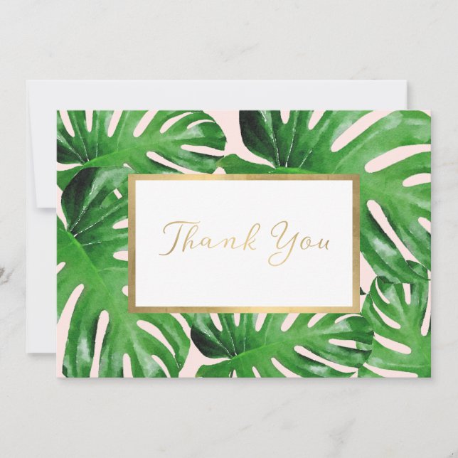 Carte De Correspondance Aquarelle Tropical Monstera Feuille Merci rose (Devant)