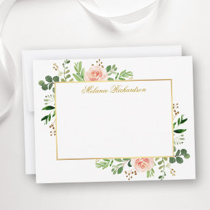 Carte De Correspondance Aquarelle Verdure rose Roses Or Personnalisé